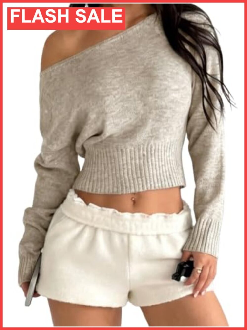 Women's Cropped Off Shoulder One Shoulder Long Sleeve Fuzzy Knit Sweater